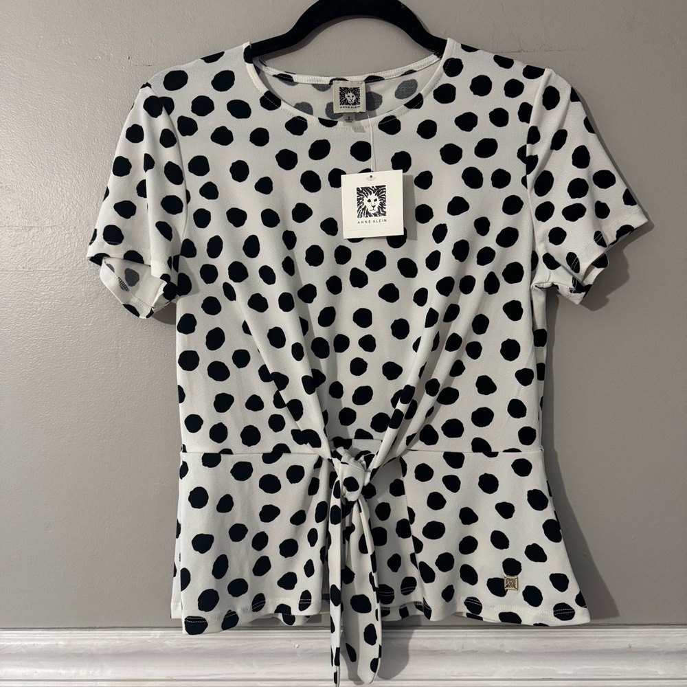 Anne Klein Black and White Polka Dot Tie Front Blouse Size S NWT